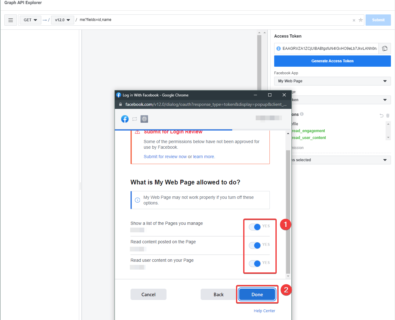 Facebook Graph API Explorer - confirm